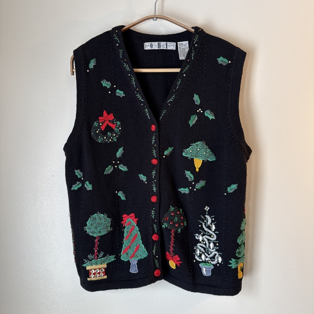 Vintage OHI‎ Christmas Sweater Vest Size M Black Beaded Trees Embroidered Holly